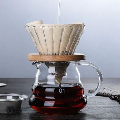 600ml シェア ドリップガラス カフェポット 木製のハンドル 耐熱 コーヒーメーカーに注ぐ