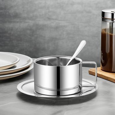 304ステンレス鋼のスプーンとトレイとセラミックポルセランカップ