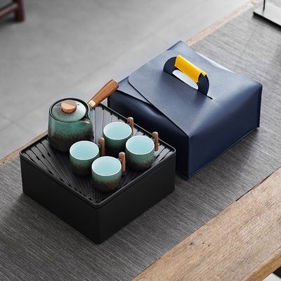 木製のハンドルと取り外せるサイドハンドルポット付きのセラミック・クングフー・ティーセット