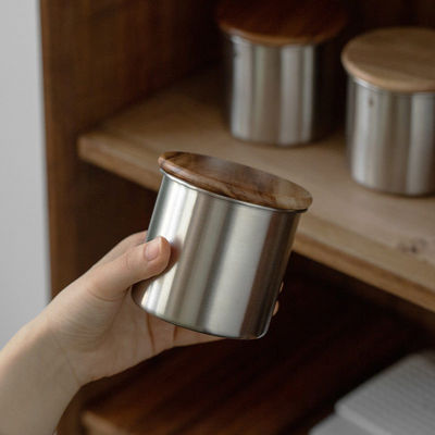 1L バンブー 食品 ステンレス スチール 真空缶 木製 蓋 マイクロウェーブ 彫刻 コーヒー 茶 調味料 貯蔵