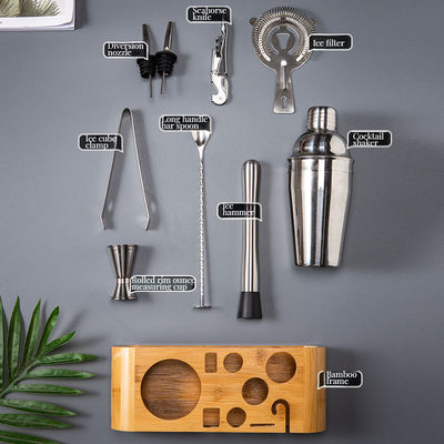 プロコクテルミクサーキット 10 パーツ シェイカーのセット メタルバーツ 竹のスタンド