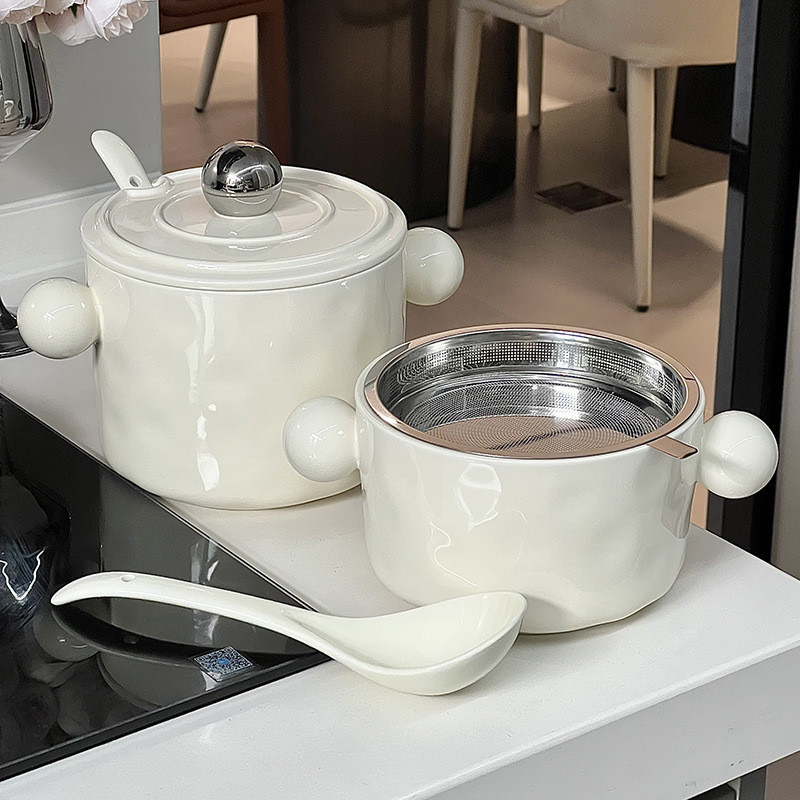 スタイリッシュな1000ml セラミックヌードル ボウル 双柄とステンレス 蓋