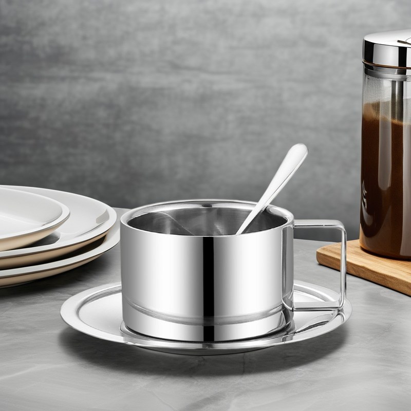 このセラミックカップセットとステンレスステールスプーントレイで 高級なコーヒーを楽しむ