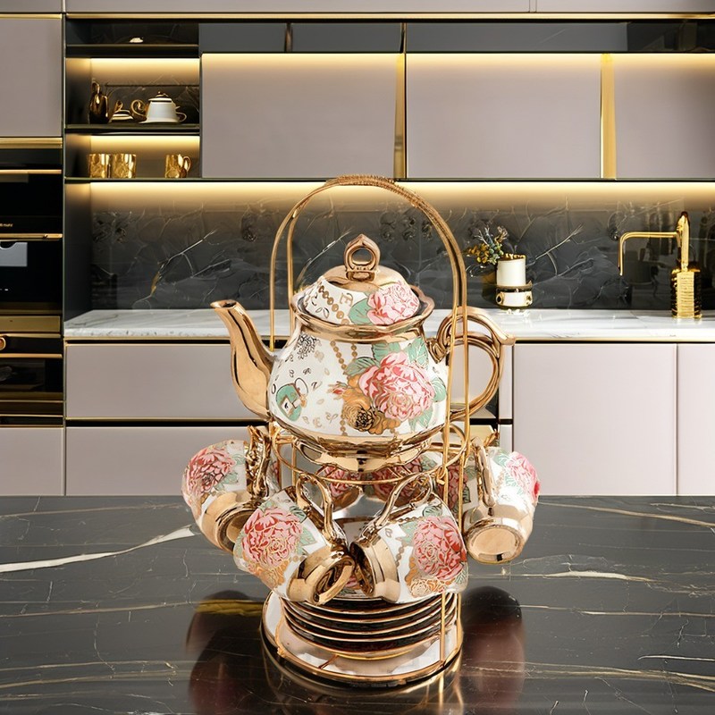 環境に優しいゴールド・リームポルセランカップと茶コーヒーポットセット