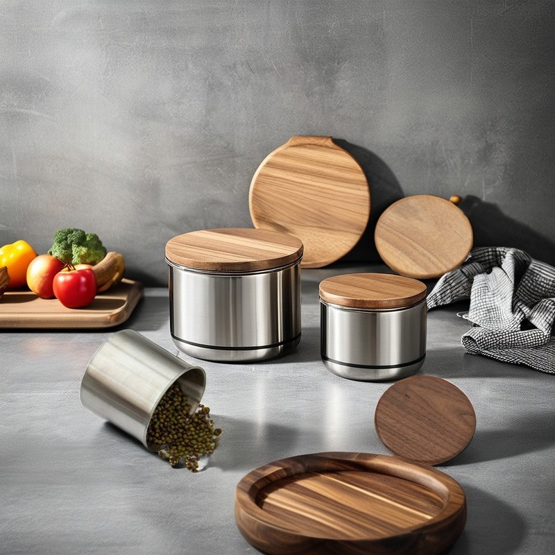 乾燥食品 貯蔵器 11cm ステンレス鋼 掃除用コーヒー缶 木製蓋付き キッチン用